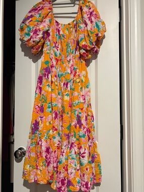Floral Puff-Sleeve Dress in Yellow and Pink